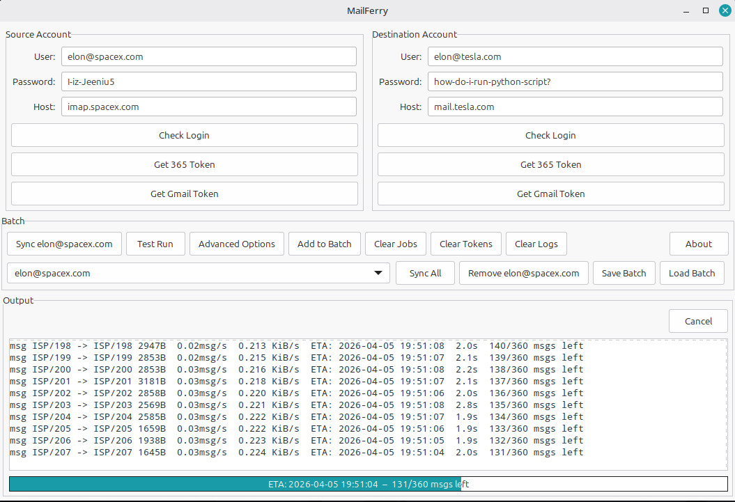 MailFerry main window showing source and destination panels with live output