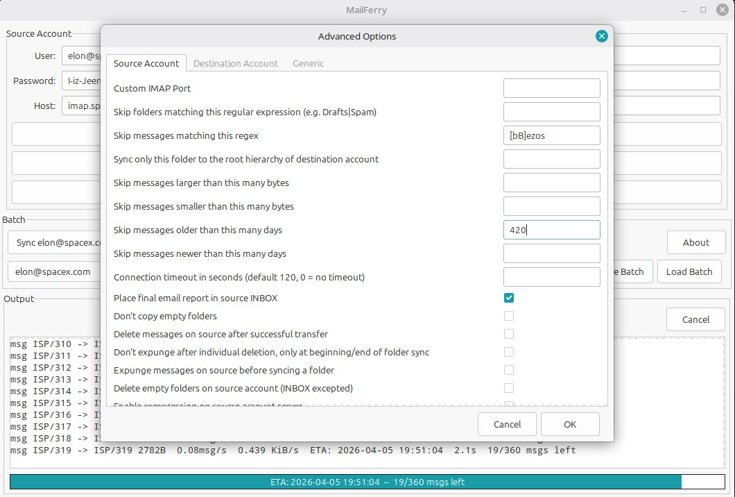 MailFerry Advanced Options dialog showing fine-grained migration controls